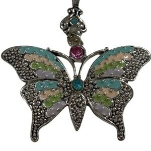 Beautiful Butterfly Necklace Silver Beaded Pastel Teal Pink